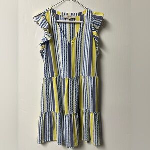 LOFT STRIPED BLUE/WHITE/YELLOW RUFFLED BOTTOM DRESS. V NECK. SIZE SMALL PETITE